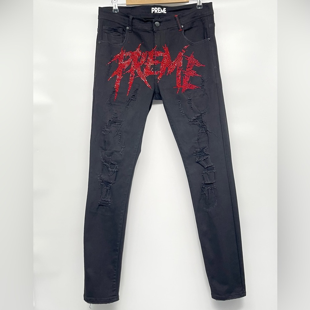 Preme Jeans Men’s Size 36x33 Black Distressed with Red Bedazzled Logo Grunge